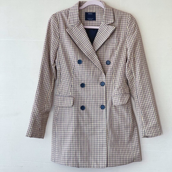 Bershka Shawl Collar Plaid Double Breasted Blazer - Picture 2 of 5